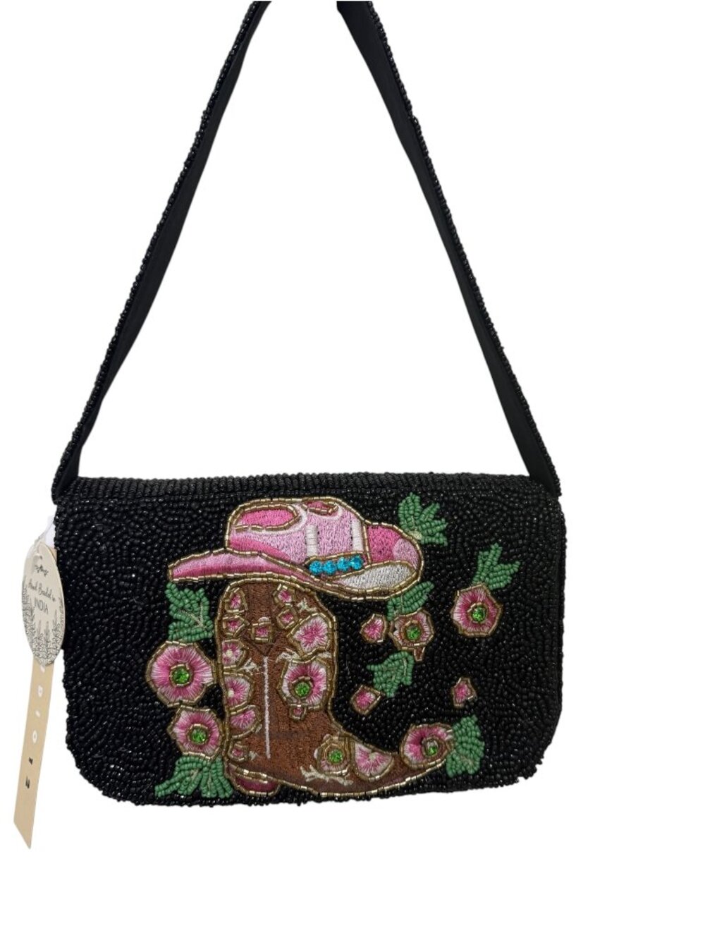 Black Beaded Shoulder Bag Pink Floral Cowboy Boots & Hat Hand Beaded India NWT